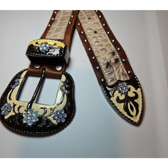 CACH'E Brown and Cream Floral Embellished GENIUE LEATHER Belt 29"-33" - Picture 6 of 8
